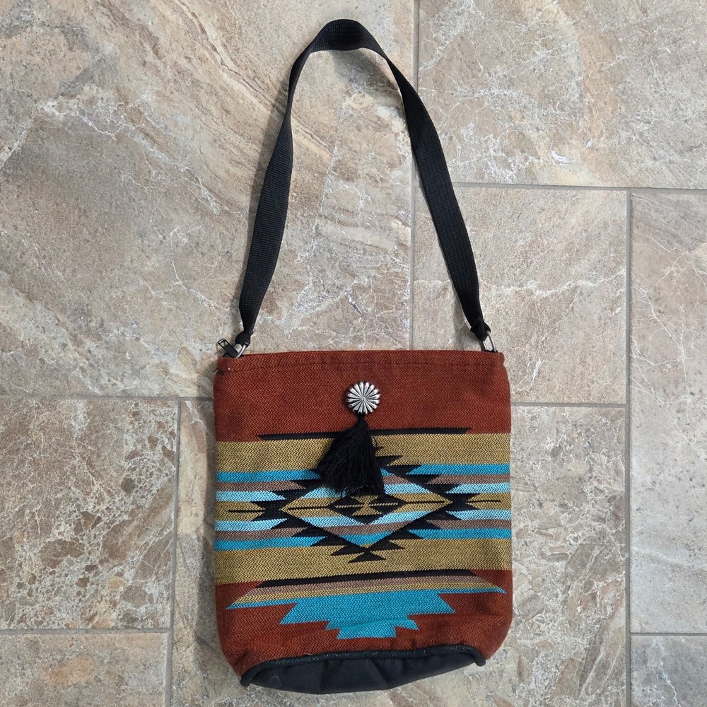 El Paso Saddleblanket Style Southwestern Bag Rust Turquoise Concho Tassel